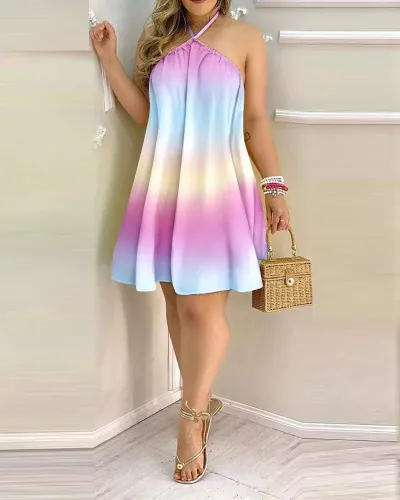 Women Elegant Vintage Casual Summer Halter Neck Lace Loose Dress