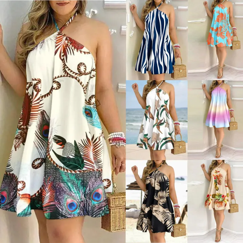 Women Elegant Vintage Casual Summer Halter Neck Lace Loose Dress