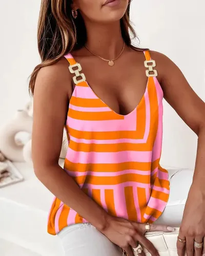 Women Elegant Summer Sleeveless Chain Floral Print Tank Top