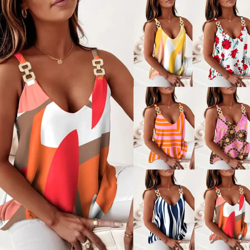 Women Elegant Summer Sleeveless Chain Floral Print Tank Top