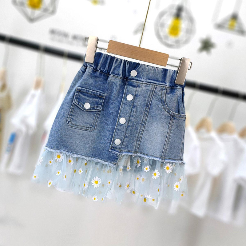 Wholesale Toddler Kids Girl Fashion Daisy Mesh Skirt Summer Girl Denim Skirt