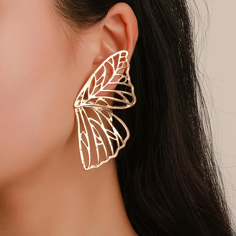 Women Fashion Exaggerated Alloy Hollow Butterfly Wings Fan-Shaped Stud Earrings
