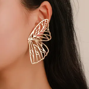 Women Fashion Exaggerated Alloy Hollow Butterfly Wings Fan-Shaped Stud Earrings