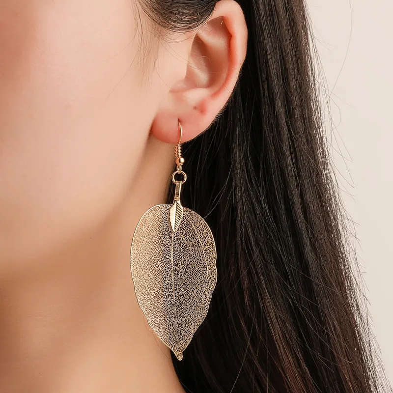Women Fashion Retro Long Hollow Leaf Drop Earrings