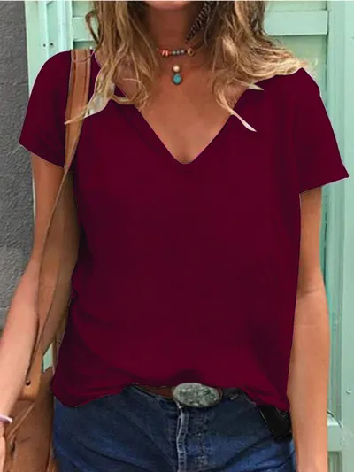 Women Plus Size Casual Loose V-Neck Short-Sleeved Solid Color Milk Fiber T-Shirt