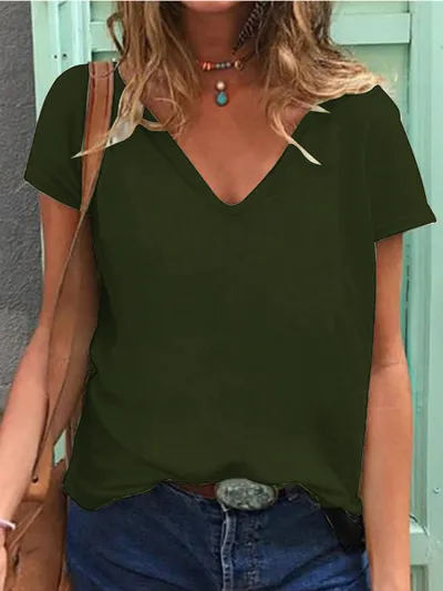 Women Plus Size Casual Loose V-Neck Short-Sleeved Solid Color Milk Fiber T-Shirt