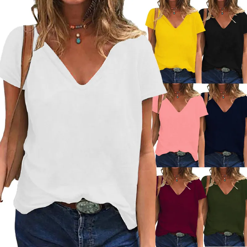Women Plus Size Casual Loose V-Neck Short-Sleeved Solid Color Milk Fiber T-Shirt