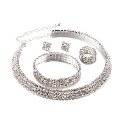 Women Fashion Geometric Rhinestone Choker Bracelet Earrings 4 Piece Set
