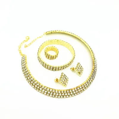 Women Fashion Geometric Rhinestone Choker Bracelet Earrings 4 Piece Set