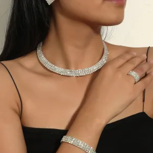 Women Fashion Geometric Rhinestone Choker Bracelet Earrings 4 Piece Set