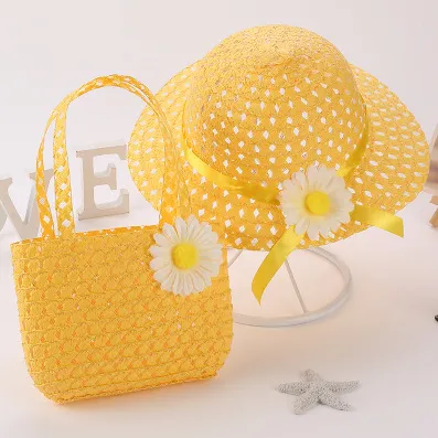 Kids Fashion Cute Sweet Sunflower Hat Woven Bag Set Unisex Straw Dome Wild