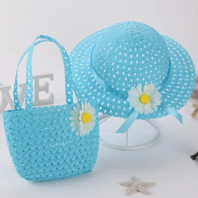 Kids Fashion Cute Sweet Sunflower Hat Woven Bag Set Unisex Straw Dome Wild