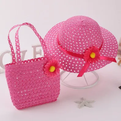 Kids Fashion Cute Sweet Sunflower Hat Woven Bag Set Unisex Straw Dome Wild