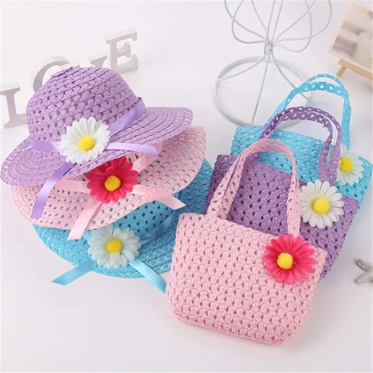 Kids Fashion Cute Sweet Sunflower Hat Woven Bag Set Unisex Straw Dome Wild