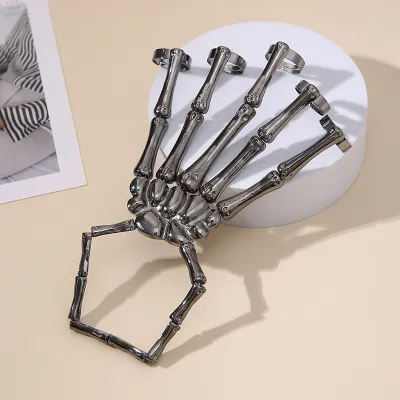 Women Fashion Exaggerated Punk Halloween Alloy Skull Hand Bone One Piece Ring Bracelet