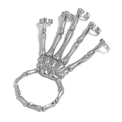 Women Fashion Exaggerated Punk Halloween Alloy Skull Hand Bone One Piece Ring Bracelet