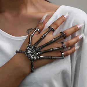 Women Fashion Exaggerated Punk Halloween Alloy Skull Hand Bone One Piece Ring Bracelet