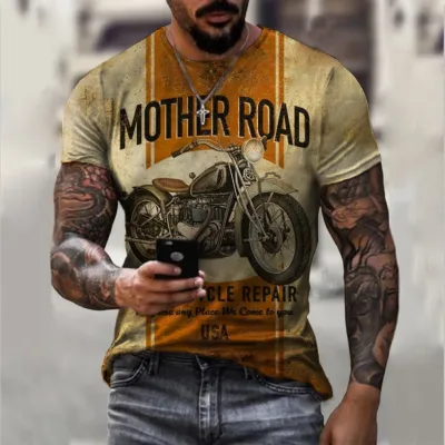 Men Fashion Casual Loose Plus Size Round Neck Short-Sleeved Motorcycle Graphic 3D Effect Printed T-Shirt