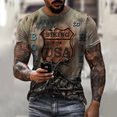 Men Fashion Casual Loose Plus Size Round Neck Short-Sleeved Motorcycle Graphic 3D Effect Printed T-Shirt