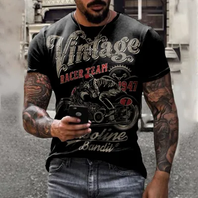 Men Fashion Casual Loose Plus Size Round Neck Short-Sleeved Motorcycle Graphic 3D Effect Printed T-Shirt