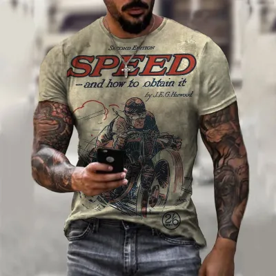 Men Fashion Casual Loose Plus Size Round Neck Short-Sleeved Motorcycle Graphic 3D Effect Printed T-Shirt