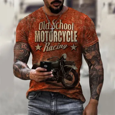 Men Fashion Casual Loose Plus Size Round Neck Short-Sleeved Motorcycle Graphic 3D Effect Printed T-Shirt