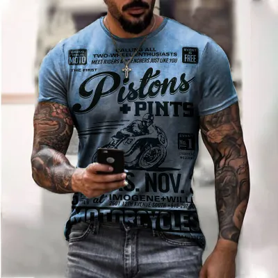 Men Fashion Casual Loose Plus Size Round Neck Short-Sleeved Motorcycle Graphic 3D Effect Printed T-Shirt