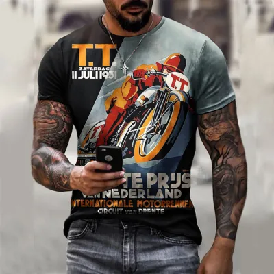 Men Fashion Casual Loose Plus Size Round Neck Short-Sleeved Motorcycle Graphic 3D Effect Printed T-Shirt