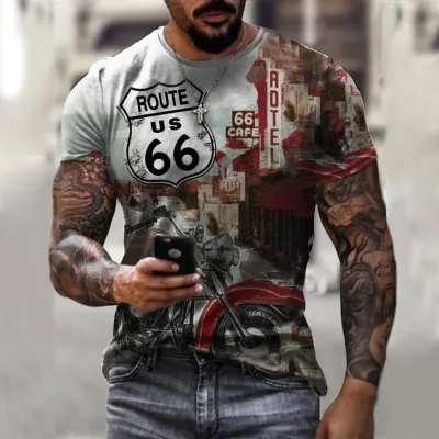 Men Fashion Casual Loose Plus Size Round Neck Short-Sleeved Motorcycle Graphic 3D Effect Printed T-Shirt
