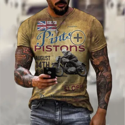 Men Fashion Casual Loose Plus Size Round Neck Short-Sleeved Motorcycle Graphic 3D Effect Printed T-Shirt