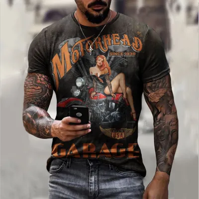 Men Fashion Casual Loose Plus Size Round Neck Short-Sleeved Motorcycle Graphic 3D Effect Printed T-Shirt
