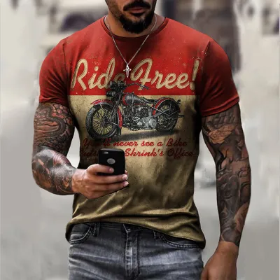 Men Fashion Casual Loose Plus Size Round Neck Short-Sleeved Motorcycle Graphic 3D Effect Printed T-Shirt