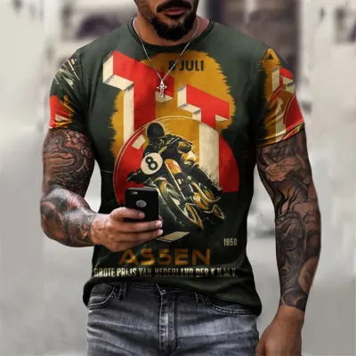 Men Fashion Casual Loose Plus Size Round Neck Short-Sleeved Motorcycle Graphic 3D Effect Printed T-Shirt