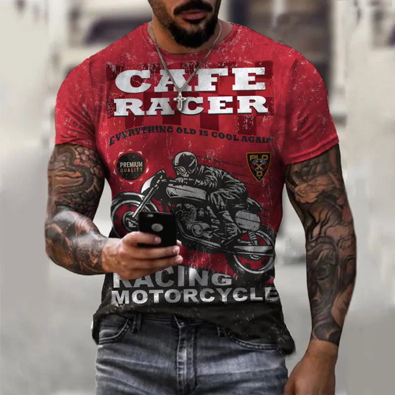 Men Fashion Casual Loose Plus Size Round Neck Short-Sleeved Motorcycle Graphic 3D Effect Printed T-Shirt