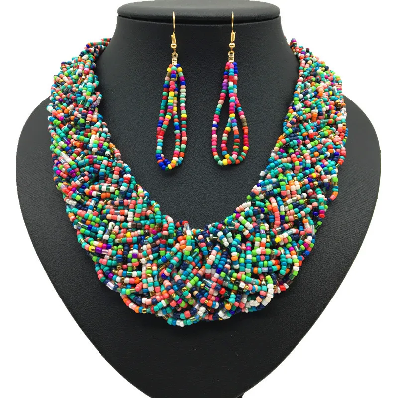 Women Fashion Exaggerated Boho Beads Resin Braided Earrings Necklace Set