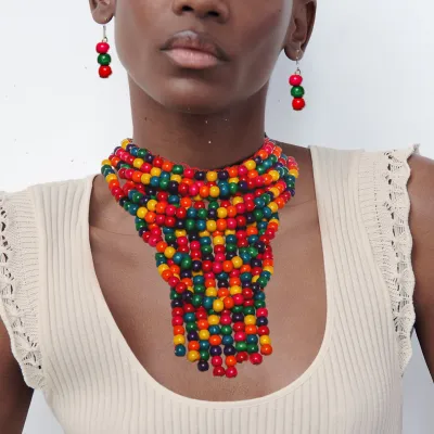 Women Fashion Exaggerated Boho Wood Beads Necklace Earrings Set
