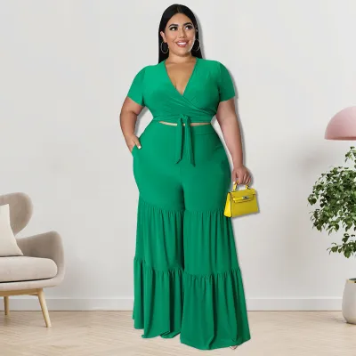 Plus Size Women Short Sleeve T-Shirt And Wide-Leg Pants Two-Piece Set