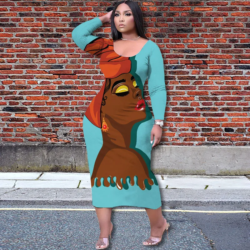 Casual Women Elegant 3D Character Printing Fashion Temperament Loose Long-sleeved Dress