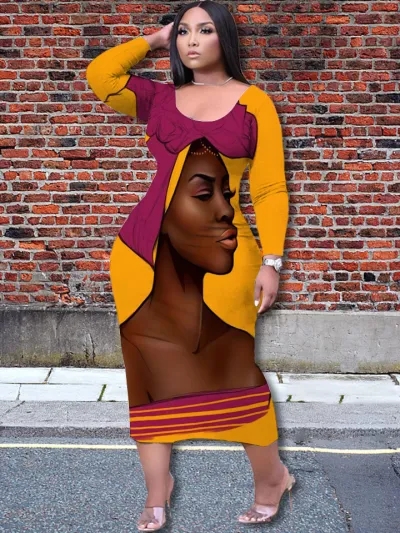 Casual Women Elegant 3D Character Printing Fashion Temperament Loose Long-sleeved Dress