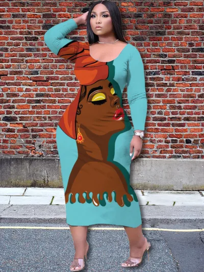 Casual Women Elegant 3D Character Printing Fashion Temperament Loose Long-sleeved Dress