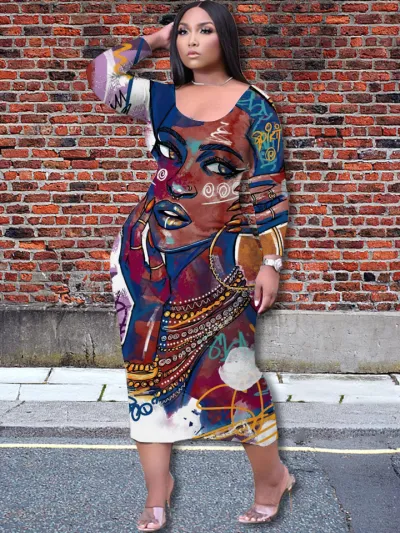 Casual Women Elegant 3D Character Printing Fashion Temperament Loose Long-sleeved Dress