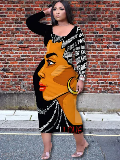 Casual Women Elegant 3D Character Printing Fashion Temperament Loose Long-sleeved Dress