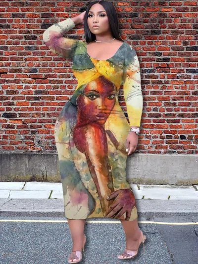 Casual Women Elegant 3D Character Printing Fashion Temperament Loose Long-sleeved Dress