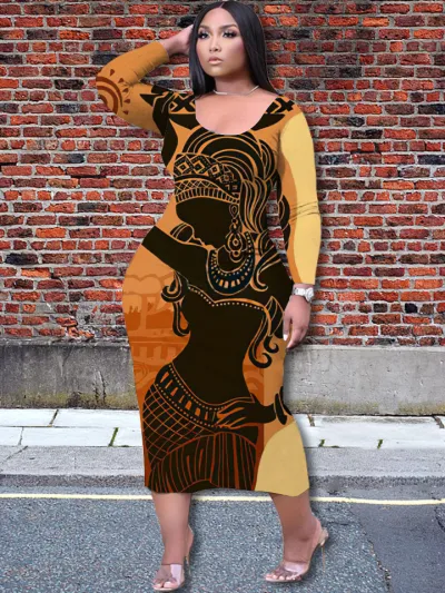 Casual Women Elegant 3D Character Printing Fashion Temperament Loose Long-sleeved Dress