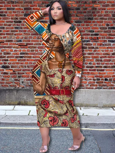 Casual Women Elegant 3D Character Printing Fashion Temperament Loose Long-sleeved Dress