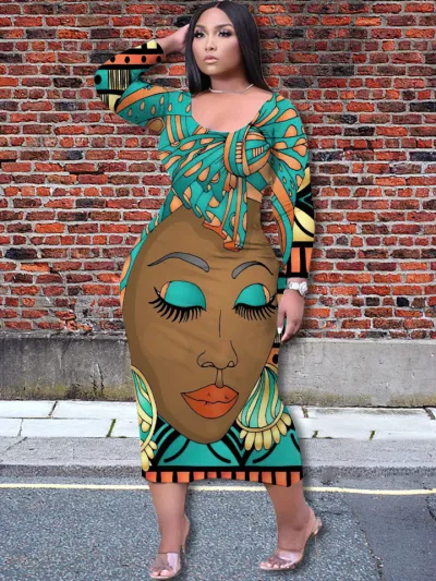 Casual Women Elegant 3D Character Printing Fashion Temperament Loose Long-sleeved Dress