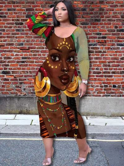 Casual Women Elegant 3D Character Printing Fashion Temperament Loose Long-sleeved Dress