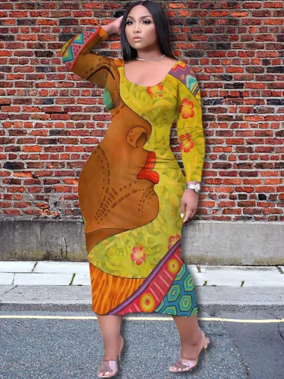 Casual Women Elegant 3D Character Printing Fashion Temperament Loose Long-sleeved Dress