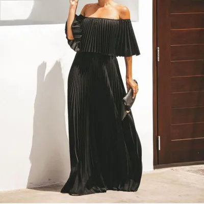 Summer Women Elegant Off-The-Shoulder Solid Color Pleated Chiffon Party Dress