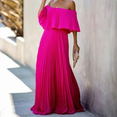 Summer Women Elegant Off-The-Shoulder Solid Color Pleated Chiffon Party Dress
